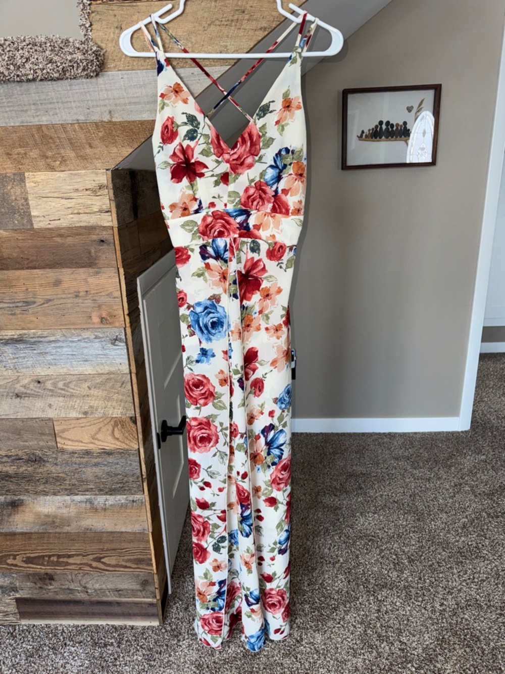 Style Rack Cream Floral Maxi Dress with Red & Blue Roses